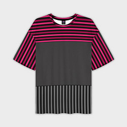 Мужская футболка оверсайз Комбинированный серый с красным полосатый узор