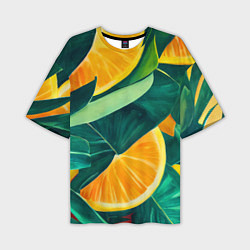 Мужская футболка оверсайз Листья монстеры и дольки апельсинов