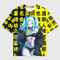 Футболка оверсайз мужская Ребекка и иероглифы - Киберпанк аниме, цвет: 3D-принт