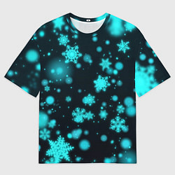 Футболка оверсайз мужская Неоновые снежинки на черном фоне, цвет: 3D-принт