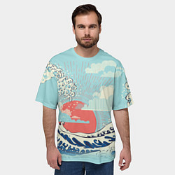 Футболка оверсайз мужская Морской пейзаж с большими волнами на закате, цвет: 3D-принт — фото 2