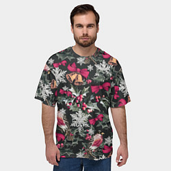 Футболка оверсайз мужская Новый год колокольчики, птицы, снежинки, цвет: 3D-принт — фото 2