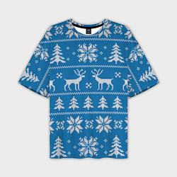 Мужская футболка оверсайз Рождественский синий свитер с оленями