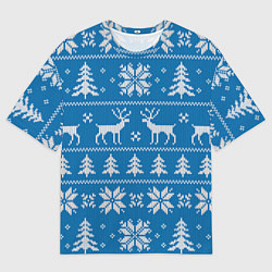 Мужская футболка оверсайз Рождественский синий свитер с оленями