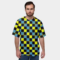 Футболка оверсайз мужская Желто-синий клетчатый яркий неоновый узор, цвет: 3D-принт — фото 2