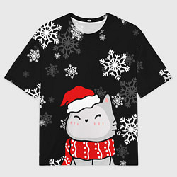 Футболка оверсайз мужская Котик в новогодней шапочке - снежинки, цвет: 3D-принт