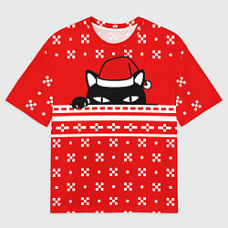 Футболка оверсайз мужская Выглядывающий котик - красный свитер, цвет: 3D-принт