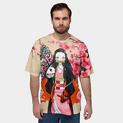Футболка оверсайз мужская Незуко Камадо под сакурой, цвет: 3D-принт — фото 2