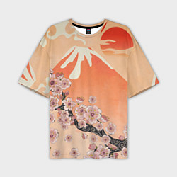 Мужская футболка оверсайз Ветка цветущей сакуры и вулкан