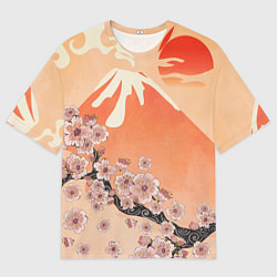 Футболка оверсайз мужская Ветка цветущей сакуры и вулкан, цвет: 3D-принт