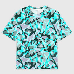 Мужская футболка оверсайз Пятнистый абстрактный узор серый с бирюзовыми лини