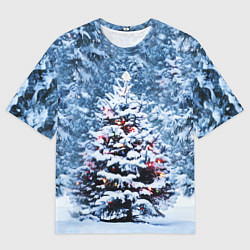 Мужская футболка оверсайз Новогодняя ёлка в лесу
