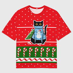 Футболка оверсайз мужская Котик в синем свитере с ёлочкой, цвет: 3D-принт