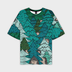 Мужская футболка оверсайз Ежи в еловом лесу