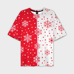 Мужская футболка оверсайз Рождественские снежинки на красно-белом фоне