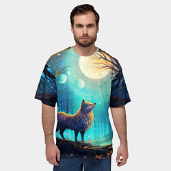 Футболка оверсайз мужская Волк в ночном лесу в folk art стиле, цвет: 3D-принт — фото 2