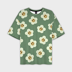 Мужская футболка оверсайз Цветочки-смайлики: темно-зеленый паттерн