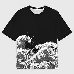 Мужская футболка оверсайз Японские волны на темном фоне