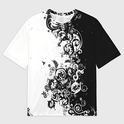 Мужская футболка оверсайз Черно-белая птица среди узорчатых цветов