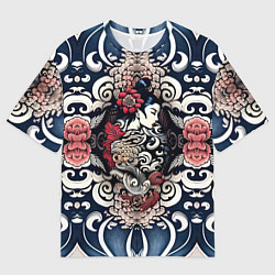 Мужская футболка оверсайз Irezumi style: девушка и синие узоры