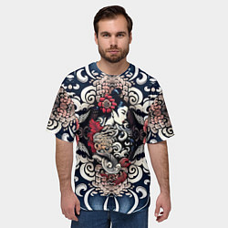 Футболка оверсайз мужская Irezumi style: девушка и синие узоры, цвет: 3D-принт — фото 2