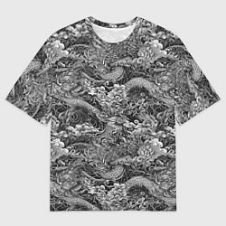 Мужская футболка оверсайз Черно-белый фон с элементами японской татуировки