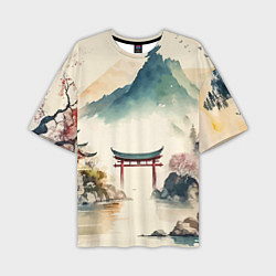 Мужская футболка оверсайз Японский пейзаж - акварель