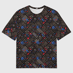 Мужская футболка оверсайз Красные, синие, черные фигуры и линии на коричнево