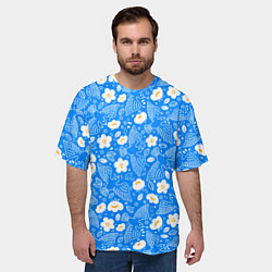 Футболка оверсайз мужская Белые птицы голуби и цветы яблони на синем фоне не, цвет: 3D-принт — фото 2