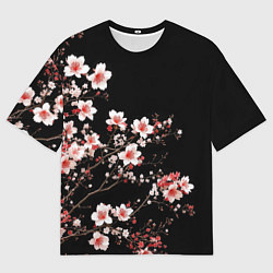 Мужская футболка оверсайз Цветущая сакура - белые и красные