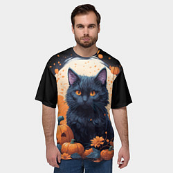 Футболка оверсайз мужская Котик и тыквы - хеллоуин, цвет: 3D-принт — фото 2