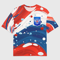 Футболка оверсайз мужская Триколор брызги краски и герб РФ, цвет: 3D-принт