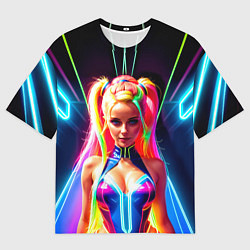Футболка оверсайз мужская Девушка с голубыми глазами на неоновой сцене, цвет: 3D-принт