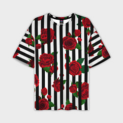 Футболка оверсайз мужская Полосы и красные розы, цвет: 3D-принт