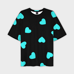 Мужская футболка оверсайз С голубыми сердечками на черном