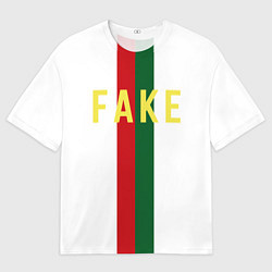 Футболка оверсайз мужская Зелёная и красная полосы с надписью Fake, цвет: 3D-принт