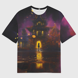 Футболка оверсайз мужская Жуткий дом и ведьма с метлой, цвет: 3D-принт