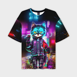 Футболка оверсайз мужская Cool kitten - cyberpunk - neon glow, цвет: 3D-принт