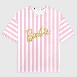 Футболка оверсайз мужская Barbie - золотая надпись и бело-розовые полосы, цвет: 3D-принт