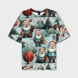 Мужская футболка оверсайз Рождественский узор с Санта Клаусами