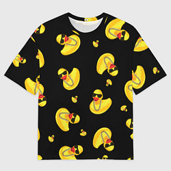 Мужская футболка оверсайз Жёлтая уточка в в темных очках и цепочке на черном