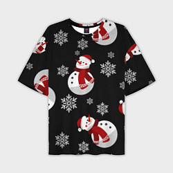 Мужская футболка оверсайз Снеговички в зимних шапочках со снежинками