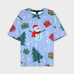 Мужская футболка оверсайз Снеговики с новогодними подарками паттерн