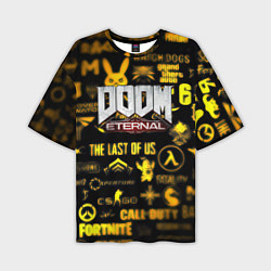 Футболка оверсайз мужская Doom золотые логотипы игр, цвет: 3D-принт