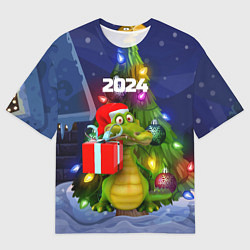 Футболка оверсайз мужская Дракон с подарком у елки, цвет: 3D-принт