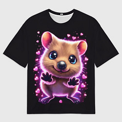 Футболка оверсайз мужская Квокка улыбака с розовыми сердечками, цвет: 3D-принт