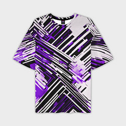 Футболка оверсайз мужская Киберпанк линии белые и фиолетовые, цвет: 3D-принт