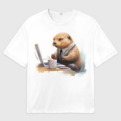 Футболка оверсайз мужская Выдра за компьютером, цвет: 3D-принт