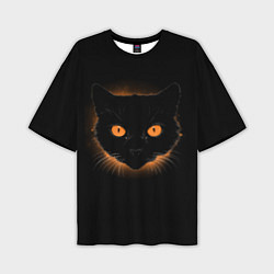 Футболка оверсайз мужская Портрет черного кота в оранжевом свечении, цвет: 3D-принт