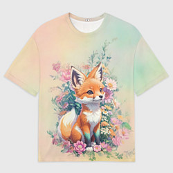 Футболка оверсайз мужская Милый лисёнок в цветах, цвет: 3D-принт